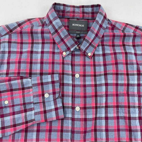 Bonobos Shirt Mens XL Slim Fit Button Up Plaid Gray Red 100% Cotton Long Sleeve - Picture 1 of 7